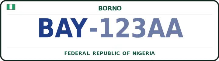 Nigerian number plate with the BAY code — Bayo, Borno