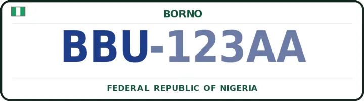 Nigerian number plate with the BBU code — Biu, Borno