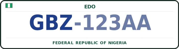 Plaque d'immatriculation nigériane portant le code GBZ — Ovia-South-West, Edo