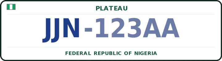 Plaque d'immatriculation nigériane portant le code JJN — Jos-North, Plateau