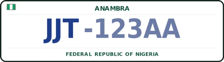 Plaque d'immatriculation nigériane portant le code JJT — Idemili-South, Anambra