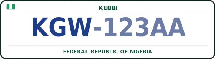 Plaque d'immatriculation nigériane portant le code KGW — Arewa-Dandi, Kebbi