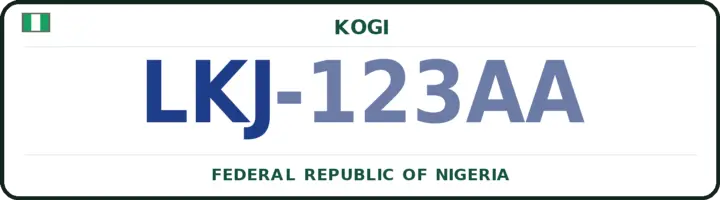 Plaque d'immatriculation nigériane portant le code LKJ — Lokoja, Kogi
