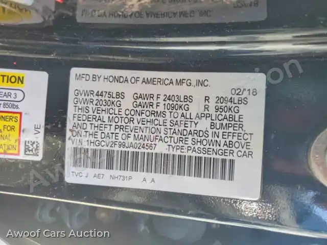 2018 Honda Accord 1HGCV2F99JA024567 — photo 12 de la vente Copart