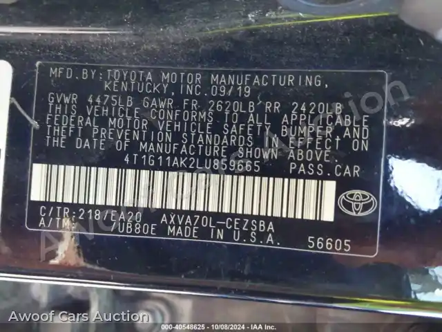 2020 Toyota Camry 4T1G11AK2LU859665 — Iaai auction photo 9