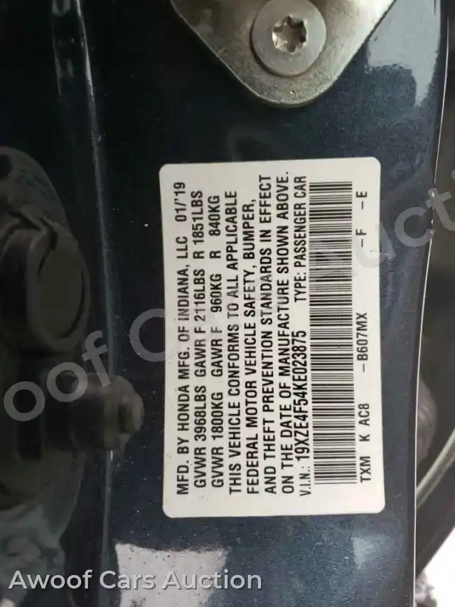2019 Honda Insight 19XZE4F54KE023875 — Copart auction photo 12