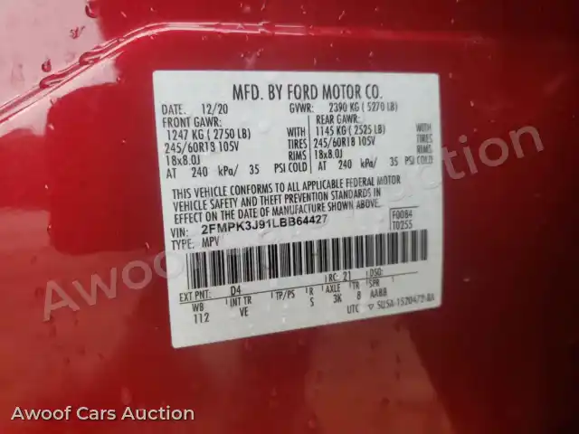 2020 Ford Edge 2FMPK3J91LBB64427 — Copart auction photo 10