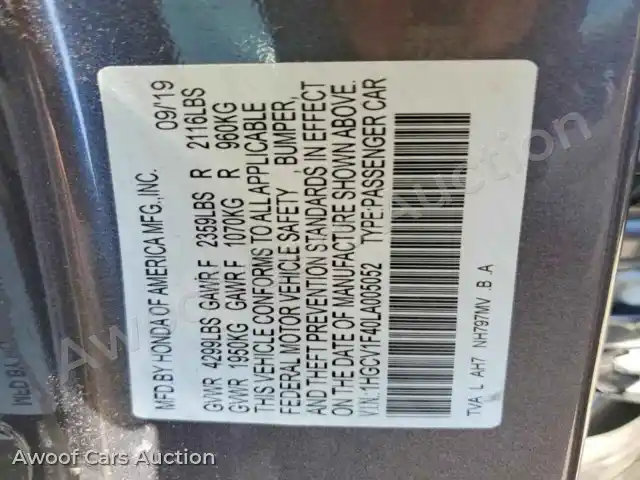 2020 Honda Accord 1HGCV1F40LA005052 — Copart auction photo 12