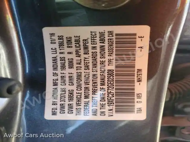 2016 Honda Civic 19XFC2F72GE025808 — Copart auction photo 12