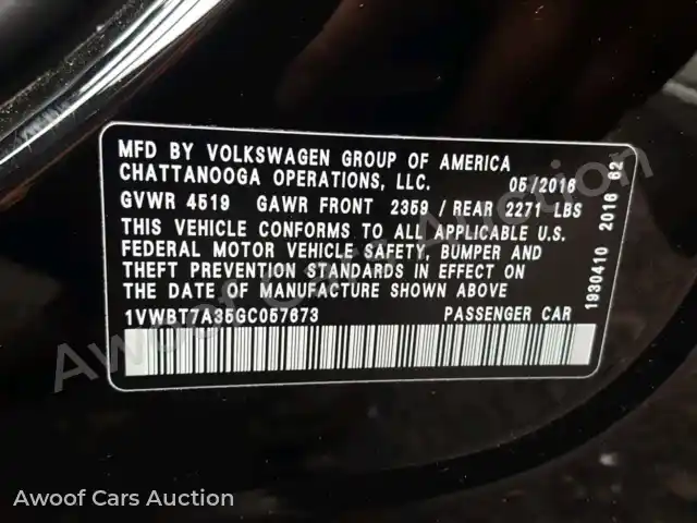 2016 Volkswagen Passat 1VWBT7A35GC057673 — hoton gwanjo Copart na 10