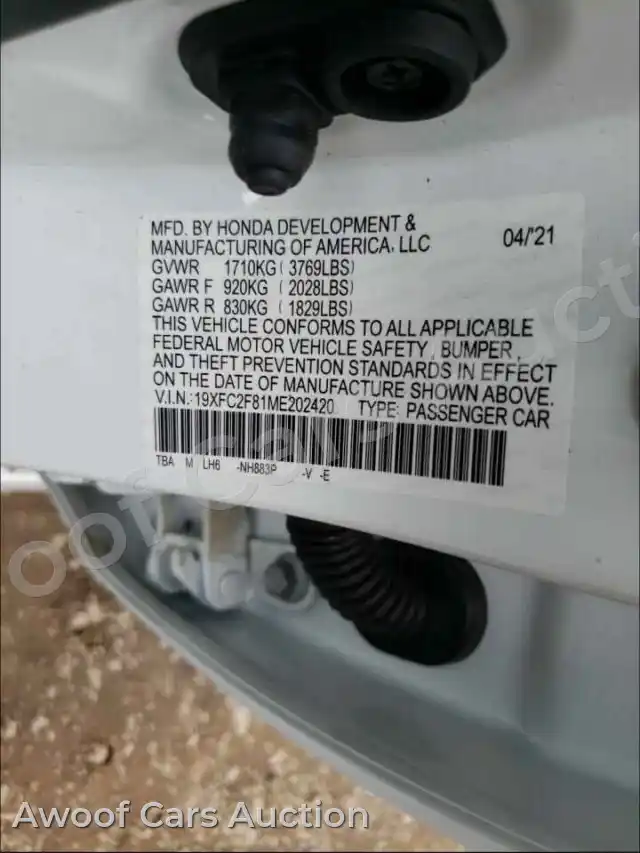 2021 Honda Civic 19XFC2F81ME202420 — hoton gwanjo Copart na 10