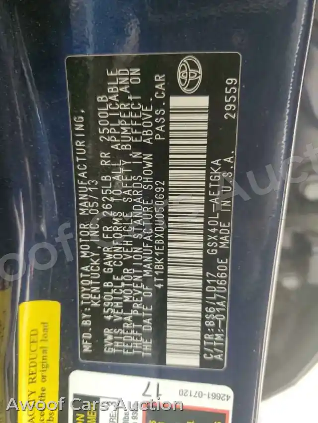 2013 Toyota Avalon 4T1BK1EBXDU050692 — Copart auction photo 12