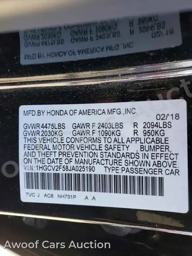 2018 Honda Accord 1HGCV2F58JA025190 — hoton gwanjo Copart na 13