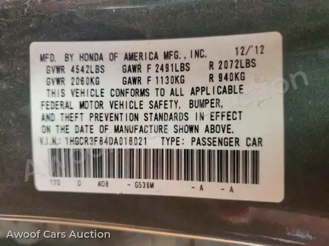 2013 Honda Accord 1HGCR3F84DA018021 — hoton gwanjo Copart na 12