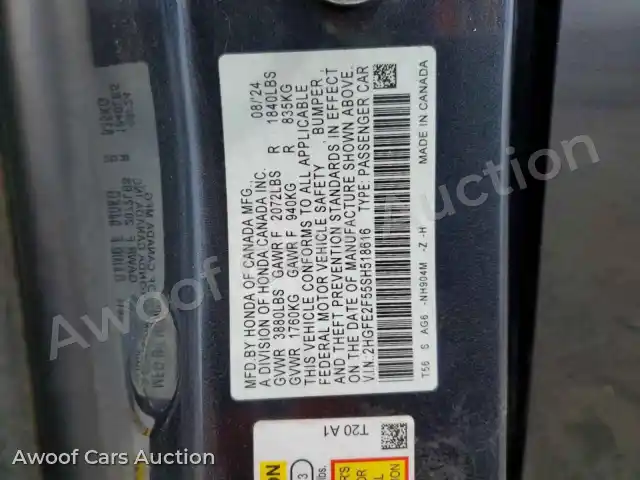 2025 Honda Civic 2HGFE2F55SH518616 — Copart auction photo 12