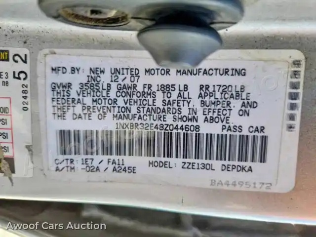 2008 Toyota Corolla 1NXBR32E48Z044608 — hoton gwanjo Copart na 12