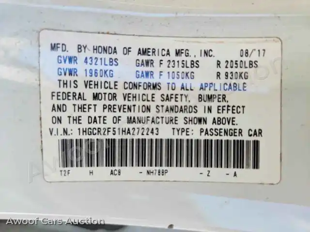 2017 Honda Accord 1HGCR2F51HA272243 — hoton gwanjo Copart na 12