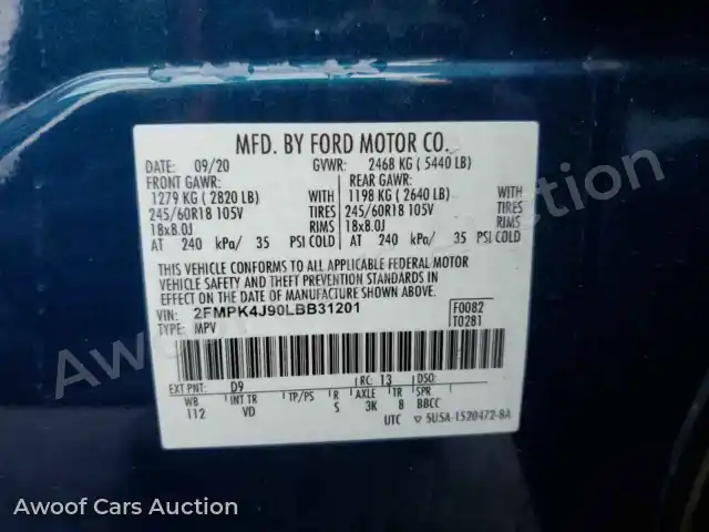 2020 Ford Edge 2FMPK4J90LBB31201 — hoton gwanjo Copart na 13