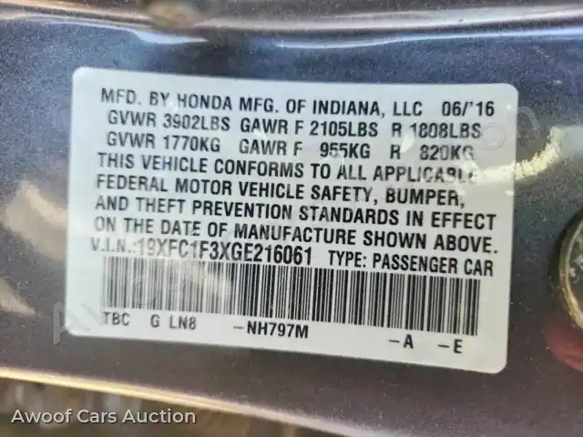 2016 Honda Civic 19XFC1F3XGE216061 — Copart auction photo 12