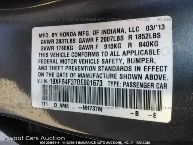 2013 Honda Civic 19XFB4F37DE001673 — Iaai auction photo 9