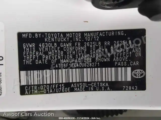 2012 Toyota Camry 4T1BF1FK4CU628271 — Iaai auction photo 9