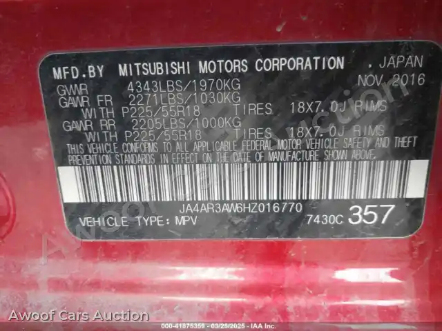 2017 Mitsubishi Outlander Sport JA4AR3AW6HZ016770 — hoton gwanjo Iaai na 9