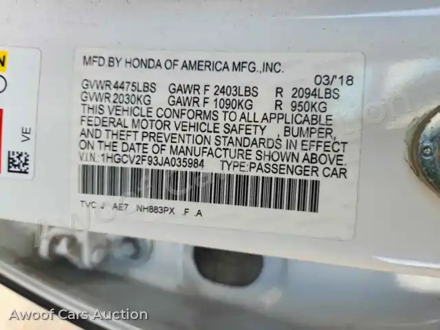 2018 Honda Accord 1HGCV2F93JA035984 — photo 12 de la vente Copart