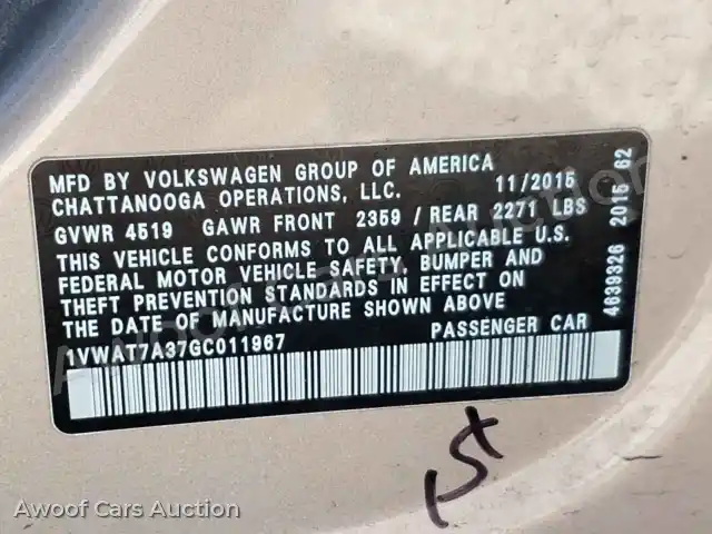 2016 Volkswagen Passat 1VWAT7A37GC011967 — photo 10 de la vente Copart