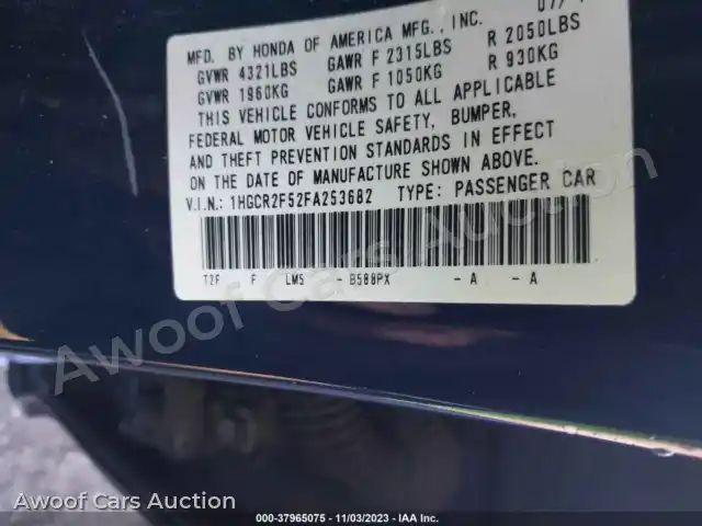 2015 Honda Accord Sedan 1HGCR2F52FA253682 — Iaai auction photo 9