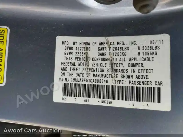 2012 Acura TLX 19UUA9F51CA000546 — photo 9 de la vente Iaai