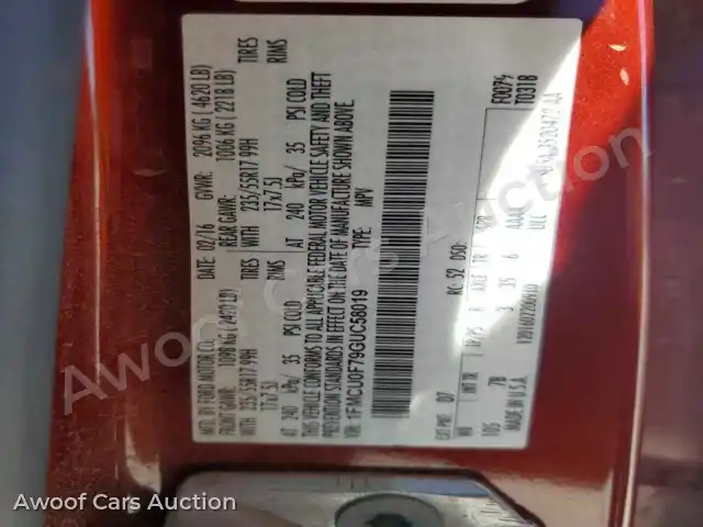 2016 Ford Escape 1FMCU0F79GUC58019 — Copart auction photo 13