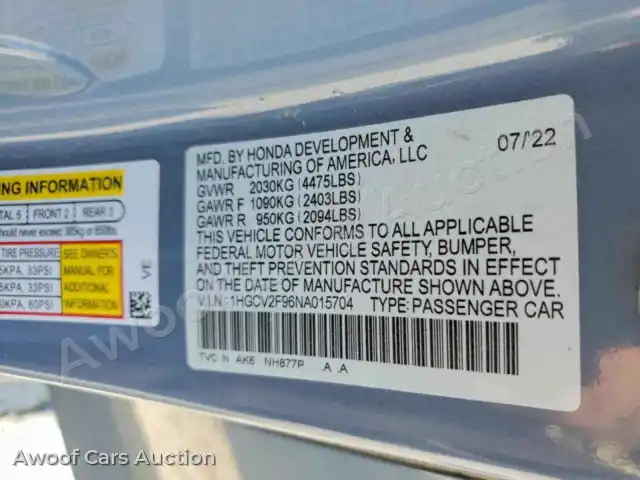2022 Honda Accord 1HGCV2F96NA015704 — Copart auction photo 12
