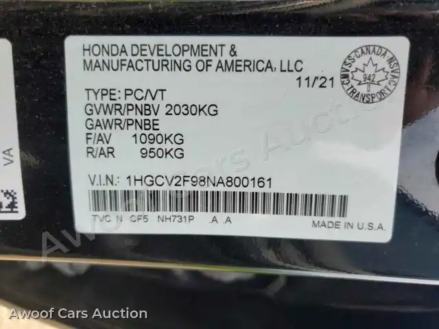 2022 Honda Accord 1HGCV2F98NA800161 — photo 12 de la vente Copart