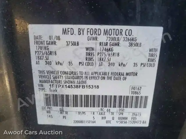 2008 Ford All Models 1FTPX14538FB15318 — Copart auction photo 12