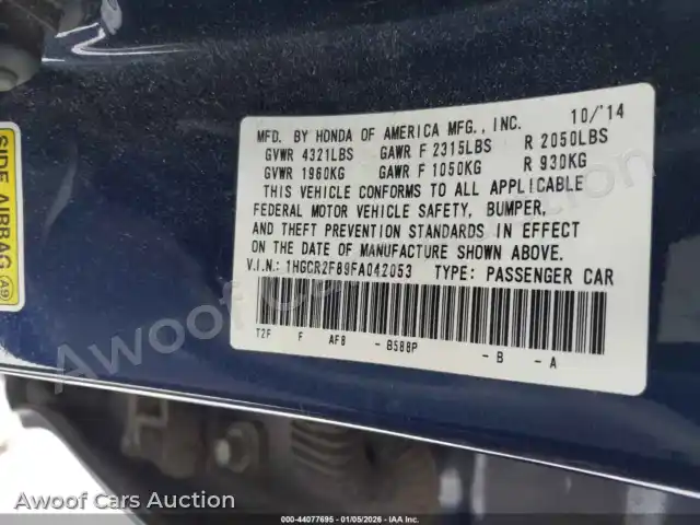 2015 Honda Accord 1HGCR2F89FA042053 — Iaai auction photo 9