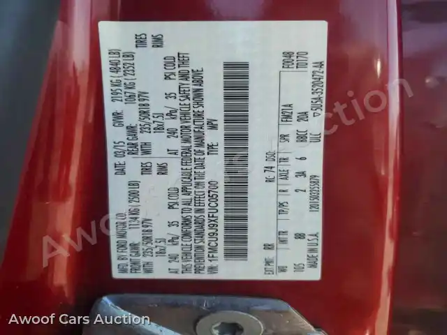 2015 Ford Escape 1FMCU9J9XFUC05700 — Copart auction photo 12