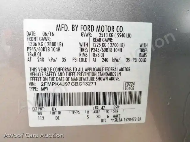 2016 Ford Edge SEL 2FMPK4J97GBC13271 — Copart auction photo 10