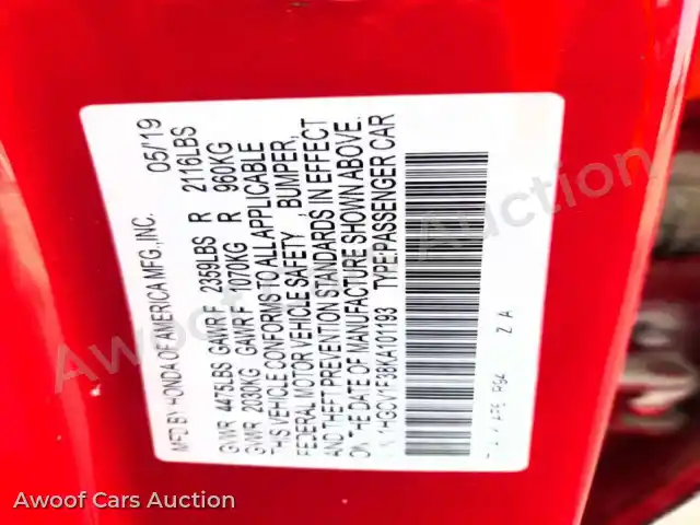 2019 Honda Accord 1HGCV1F38KA101193 — Copart auction photo 13