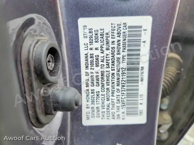2019 Honda Civic 19XFC1F37KE211912 — Copart auction photo 12