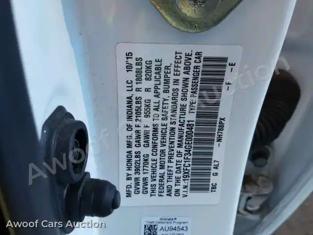 2016 Honda Civic 19XFC1F34GE000481 — Copart auction photo 10