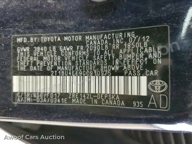 2012 Toyota Corolla 2T1BU4EE9CC910975 — Copart auction photo 12