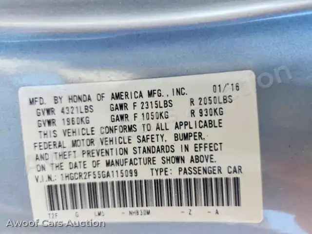 2016 Honda Accord 1HGCR2F55GA115099 — Copart auction photo 12