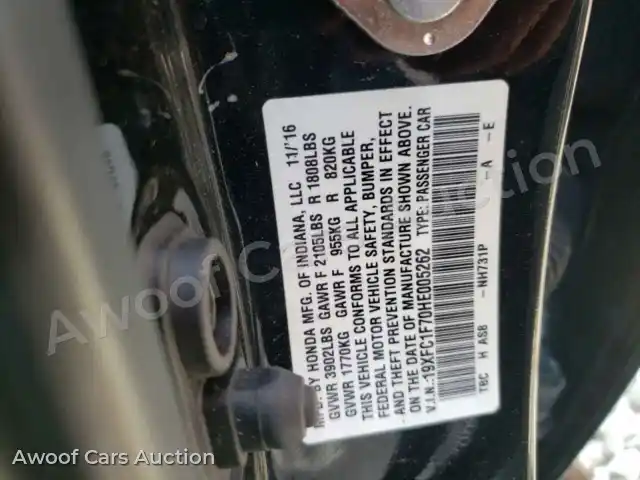 2017 Honda Civic 19XFC1F70HE005262 — Copart auction photo 12