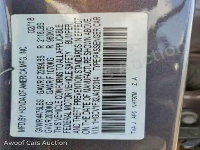 2018 Honda Accord 1HGCV1F32JA122314 — photo 12 de la vente Copart
