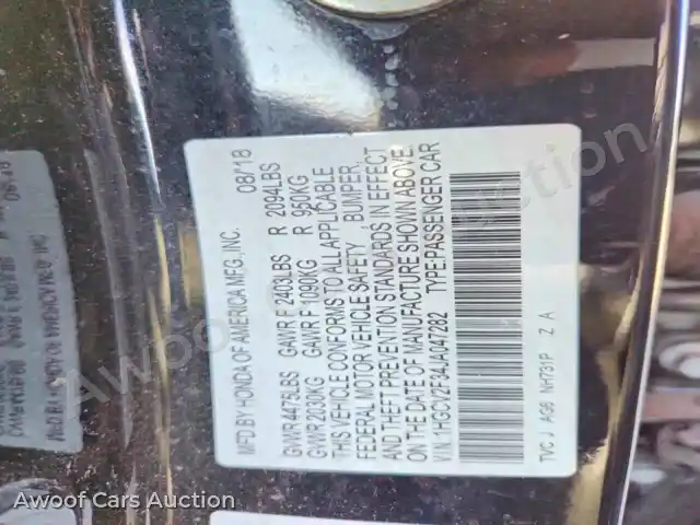 2018 Honda Accord 1HGCV2F34JA047282 — hoton gwanjo Copart na 12