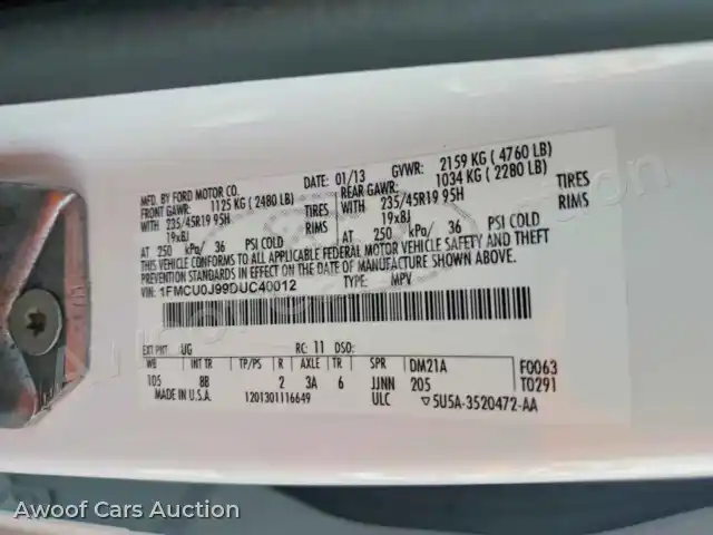 2013 Ford Escape 1FMCU0J99DUC40012 — hoton gwanjo Copart na 12