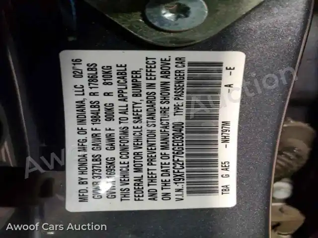 2016 Honda Civic 19XFC2F76GE030400 — Copart auction photo 12