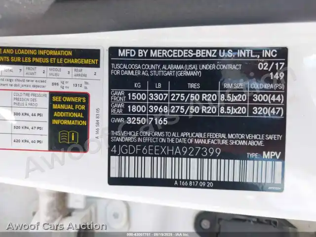2017 Mercedes-Benz GLS 450 4JGDF6EEXHA927399 — hoton gwanjo Iaai na 9
