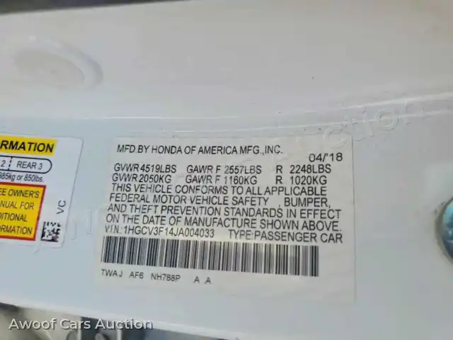 2018 Honda Accord 1HGCV3F14JA004033 — photo 12 de la vente Copart