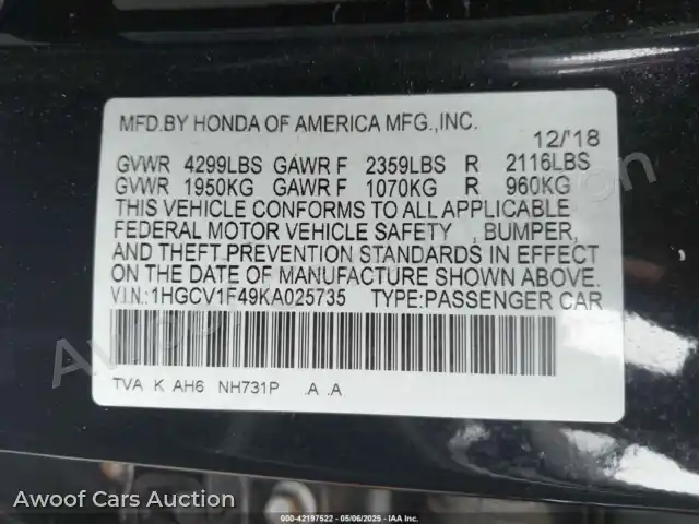 2019 Honda Accord 1HGCV1F49KA025735 — Iaai auction photo 9